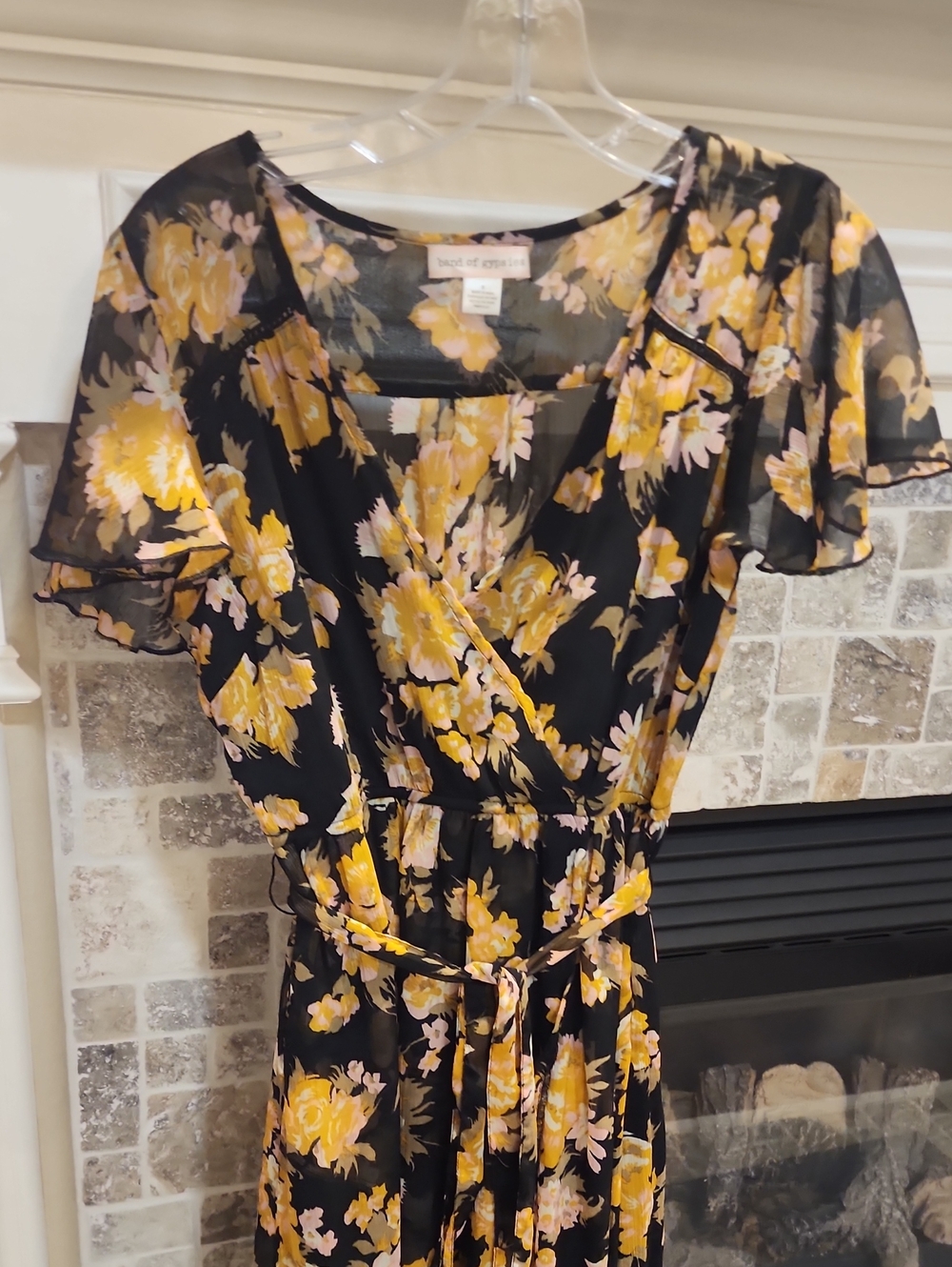 Band of Gypsies Black Floral Wrap Midi Dress with Yellow and Pink Blossoms